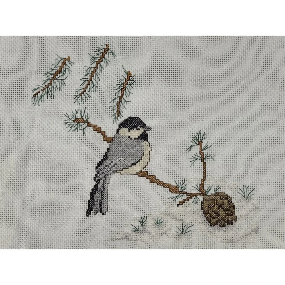 Handmade Cross Stitch Chickadee‎ Winter Scene Needlepoint Art Decor Completed